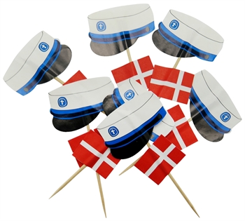 Studenterhuer på pind m/flag Blå 12 stk <br><font color="RED">RESTSALG HALV PRIS</font>