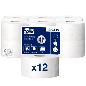 Toiletpapir Tork advanced 2 lag jumbo mini T2. 170 meter. 850 ark.