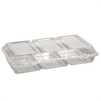 Smørrebrødsbakke 3-rum m/hængslet låg 245x145x45 mm APET - Klar<br><font color="RED">Tilbud - 750,-</font>